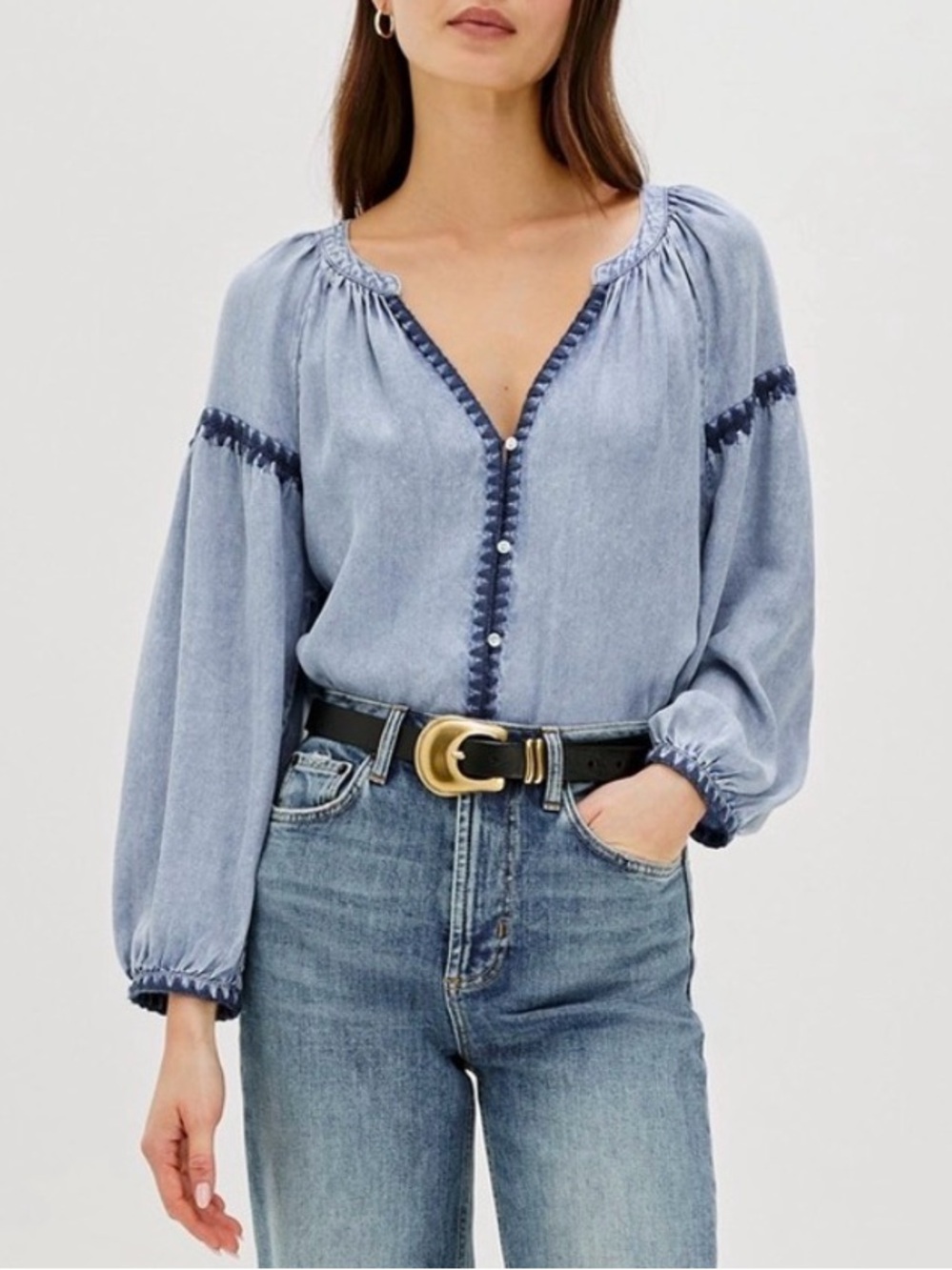 Rails Blue Denim Chambray Long Sleeve Flowy Blouse - Embroidery